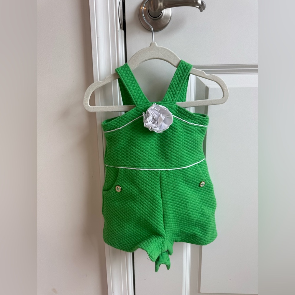 Janie and Jack Green Quilted Romper with White Flower